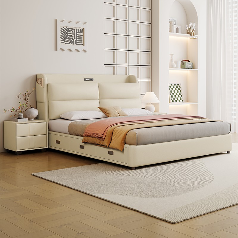 现代简约皮床主卧室高端皮床双人1米8软包实木储物大床