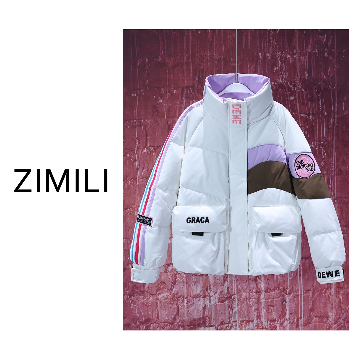 【LIANG哥女装】冬季米白色撞色舒适亲肤拼接高领羽绒服258010