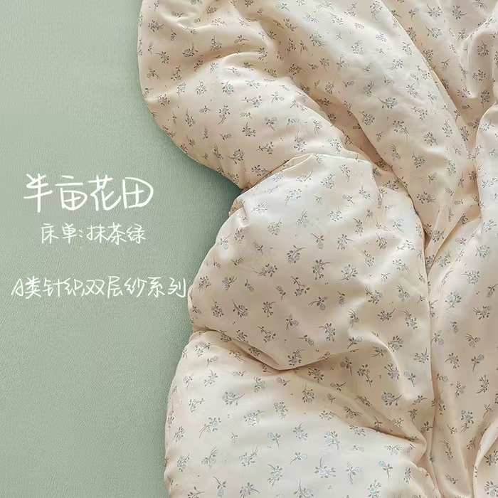 2025新款加厚款A类有氧双层纱针织亲肤小清新印花三件套四件套