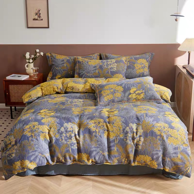 2025新款轻奢亲肤棉双层纱四件套--夏季雨林（纽扣）