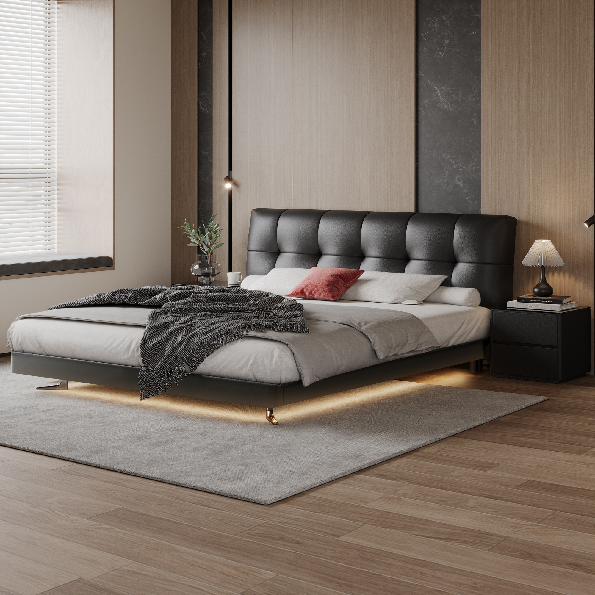 【升级款泡芙】席梦思头层牛皮床极简轻奢双人床主卧大床婚床皮床