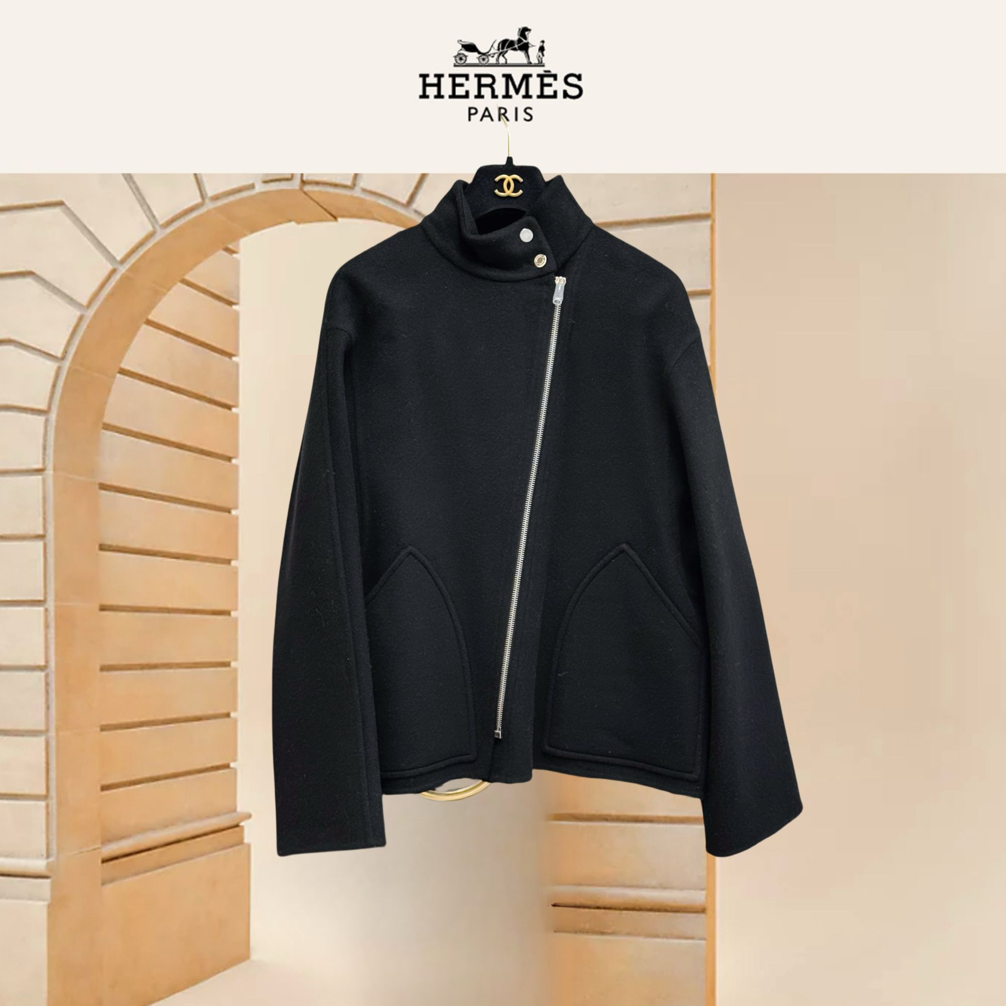 99新 Hermes/爱马仕 36码黑色羊绒拉链外套