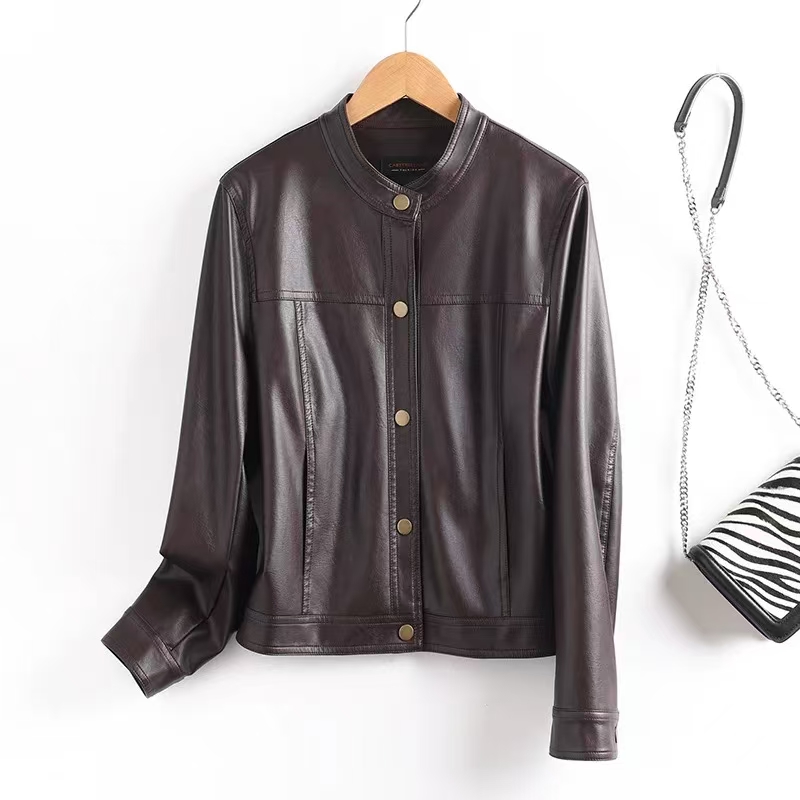 圆领短款皮衣真皮机车外套