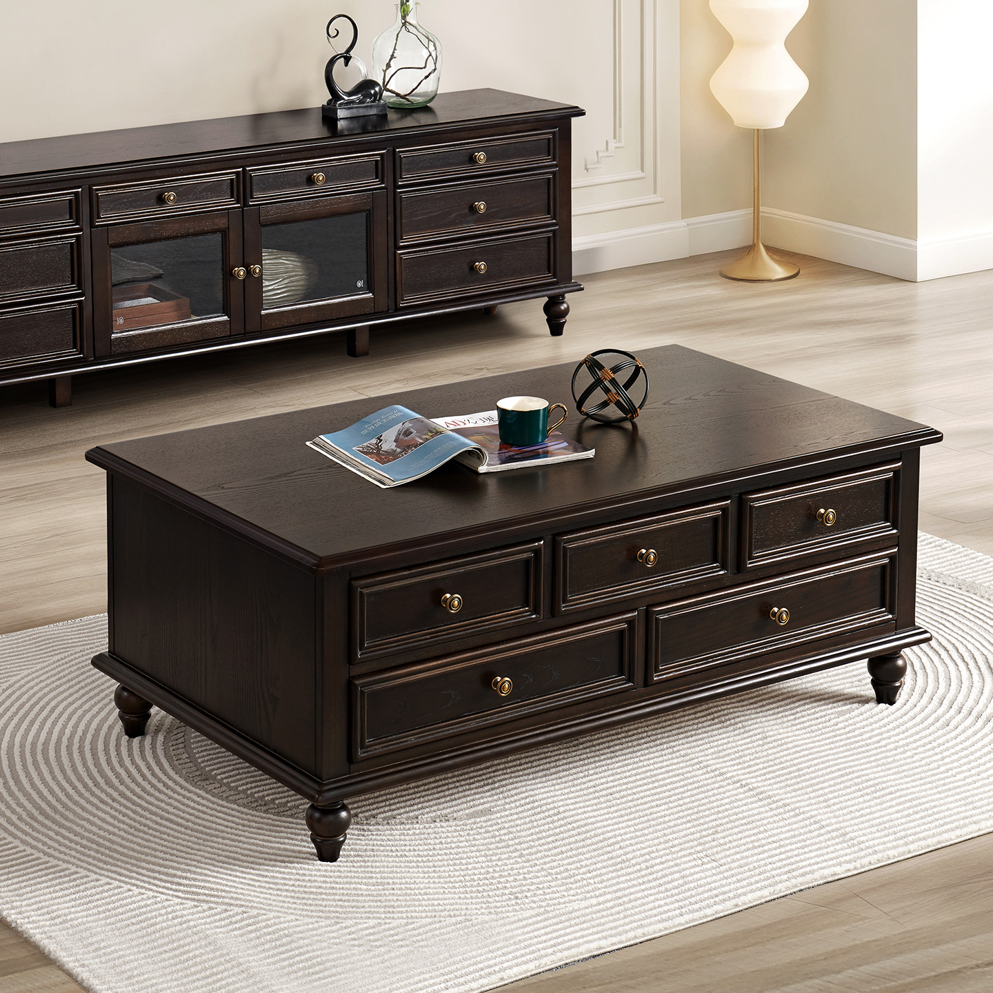 美式实木茶几电视柜组合现代简约小户型客厅家用成套家具复古茶桌