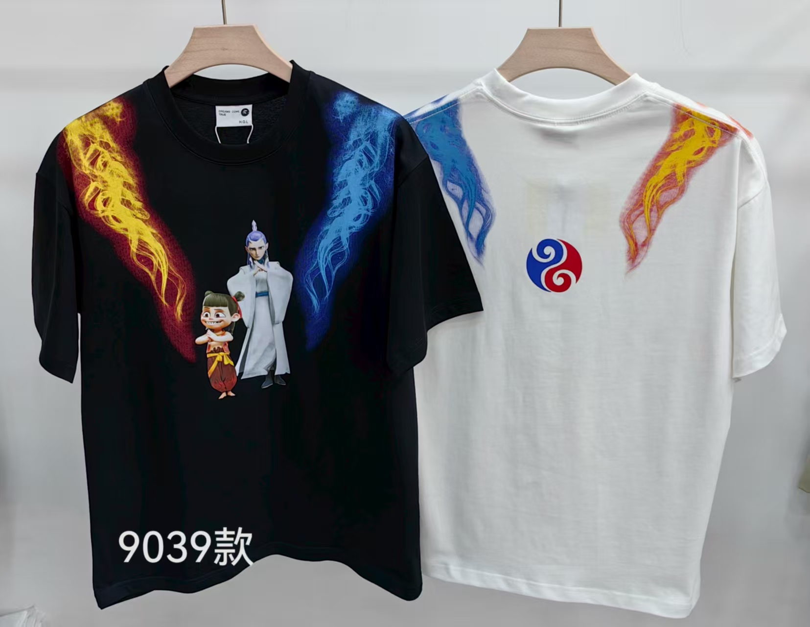 9039全棉-情侣款短袖夏季卡通通用几何上衣潮流国潮烫画T恤字母