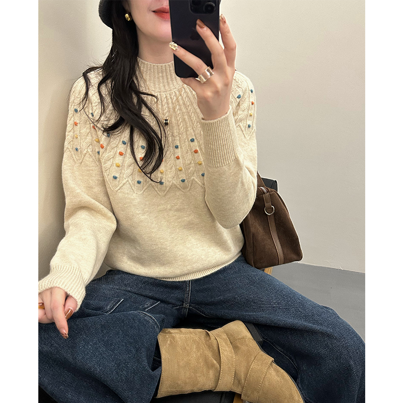 半高领麻花毛衣女士秋冬新款洋气宽松针织打底衫套头内搭上衣加厚