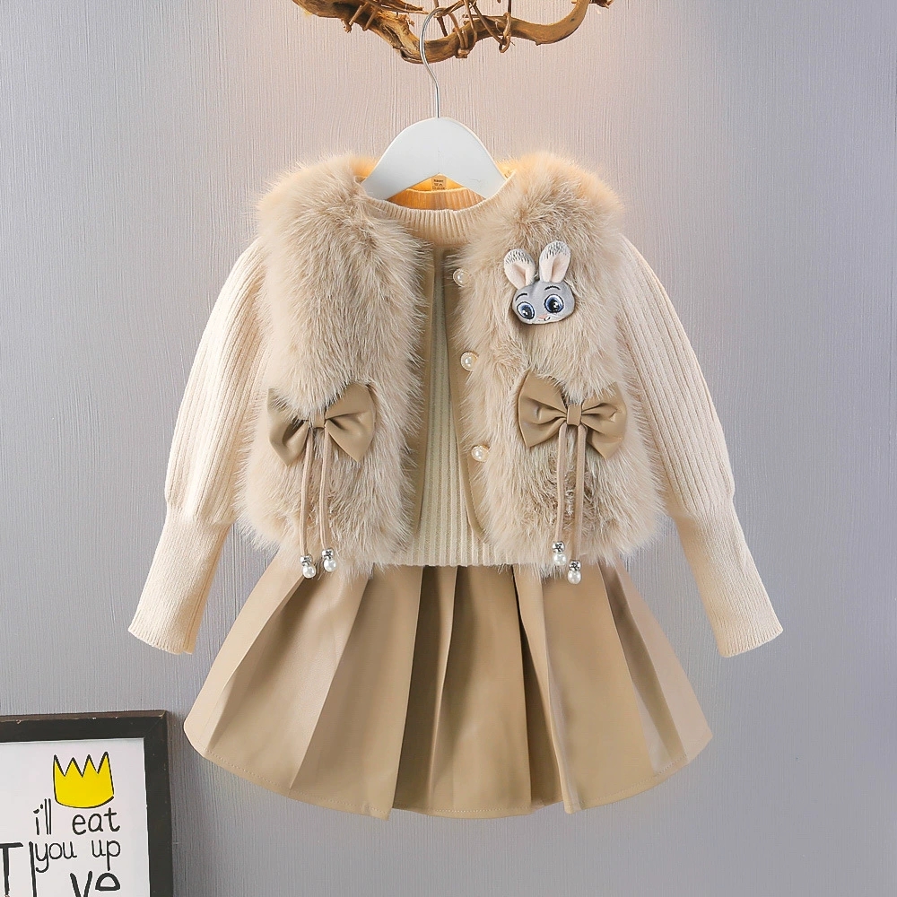 童装女童秋冬毛毛马甲洋气套装裙子宝宝针织毛线衣三件套半身裙潮