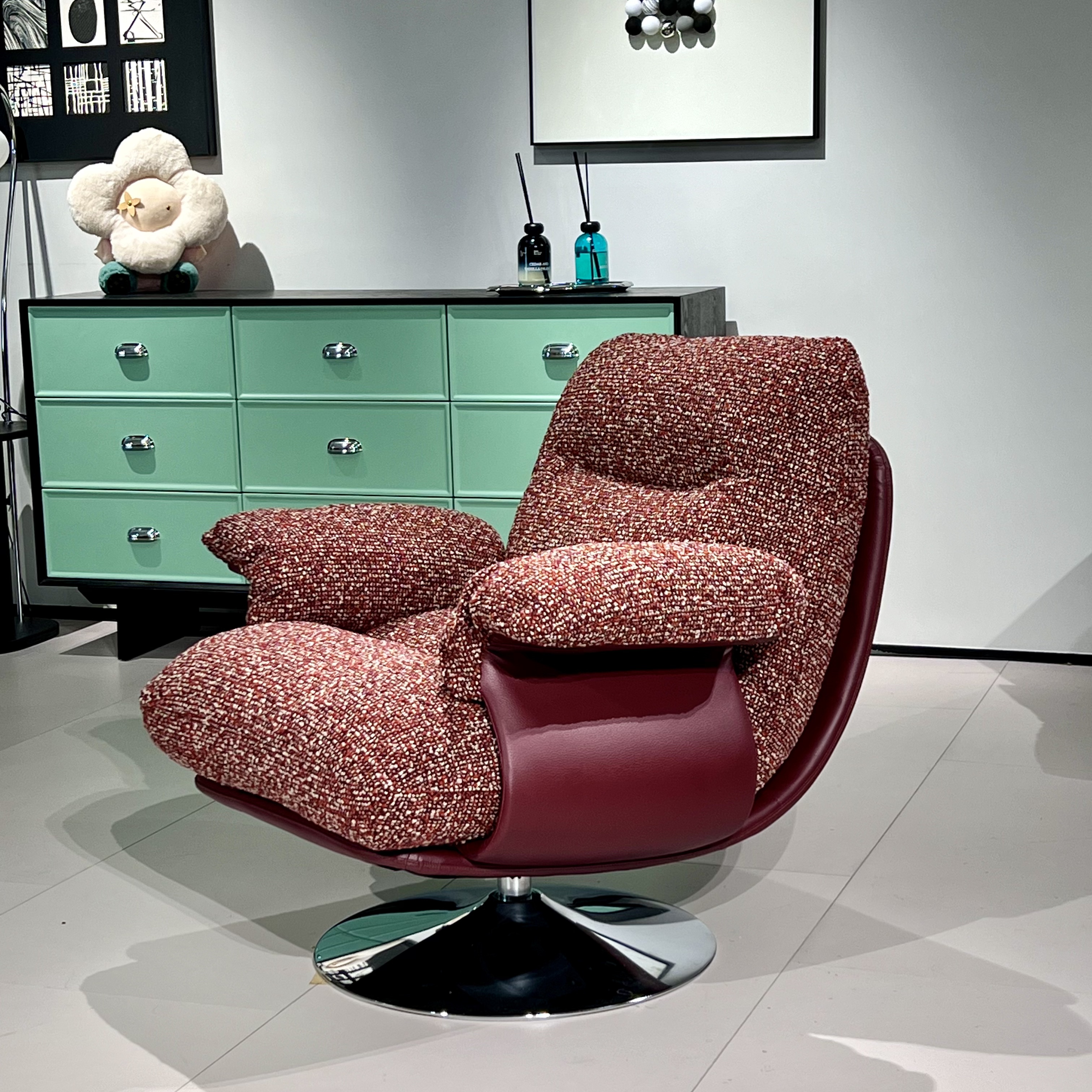 固定款【贝果休闲椅.】雪尼尔面料意式单人沙发椅小户型懒人躺椅