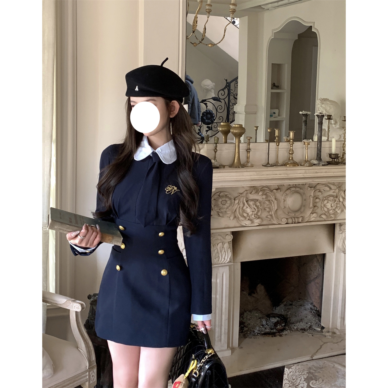 紫色公主裙秋冬新款爆款蕾丝领显瘦女春设计感收腰长袖字短裙子