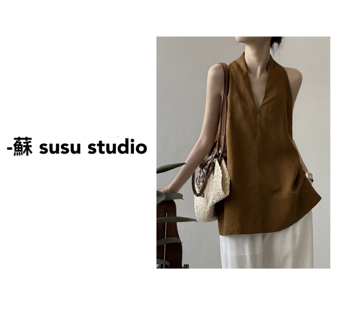 法式V领无袖衬衫上衣295