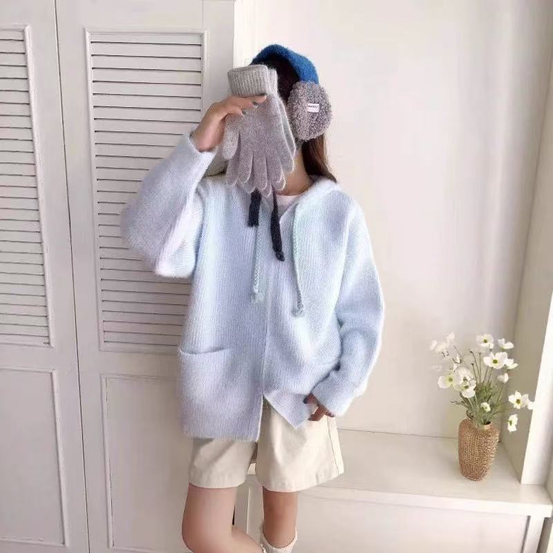 格子推荐~甜美风双拉链水貂绒连帽毛衣开衫