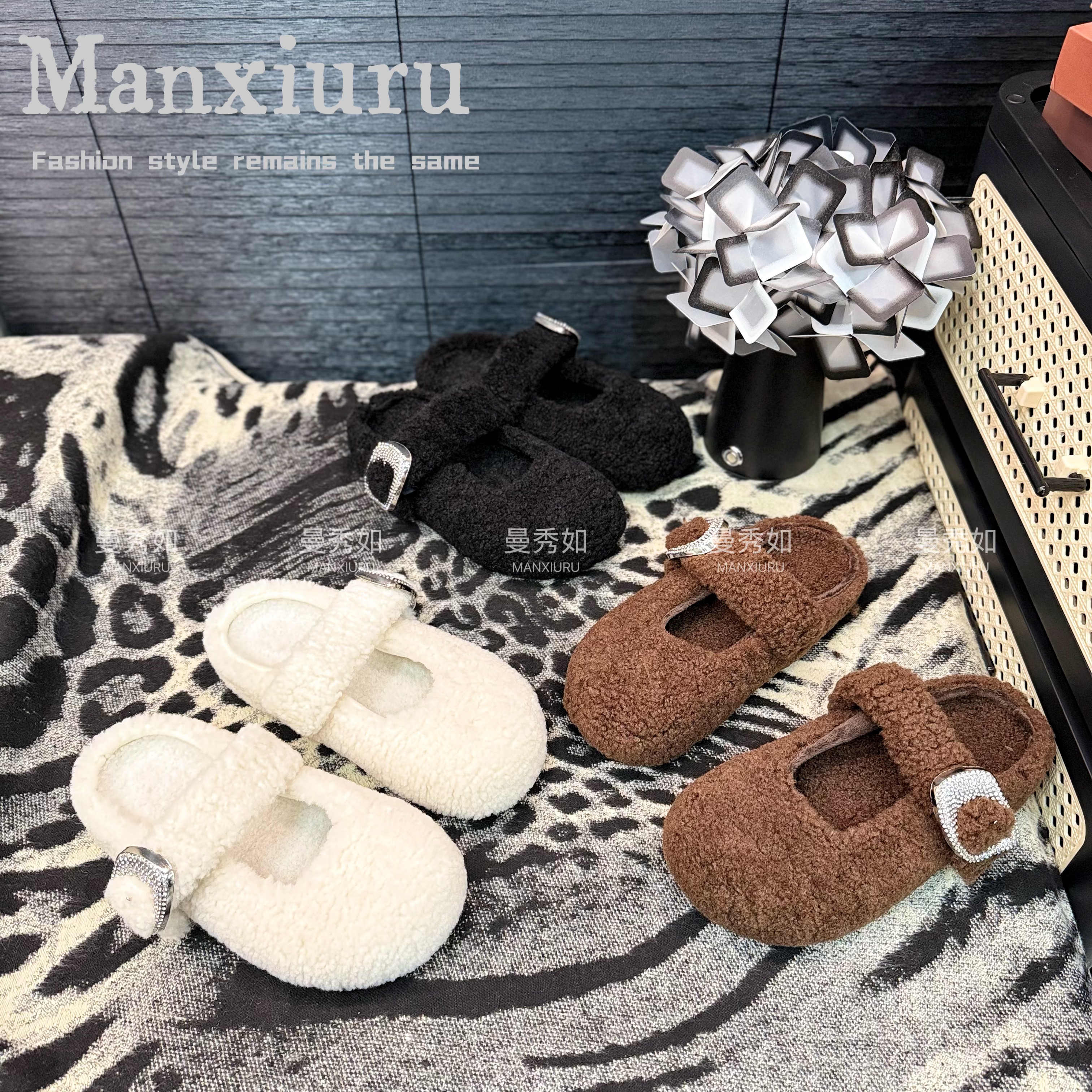 【曼曼】新品“洛克甜庄”法式甜系芭蕾毛毛拖鞋一脚蹬鞋子