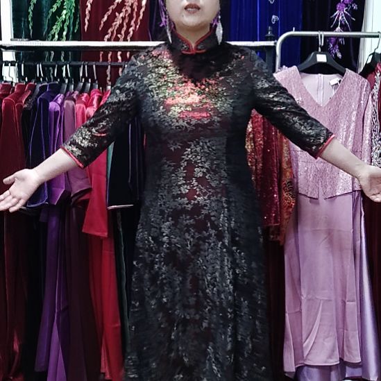 品牌黑红色中长改良旗袍裙xl115-125斤以内