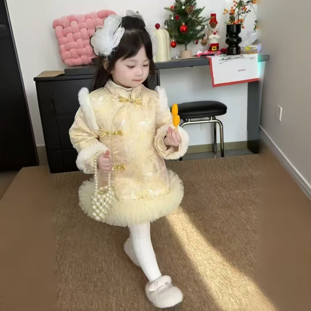 现货【玉蝴蝶】GF075女童冬季加绒加厚国风旗袍裙礼服拜年服