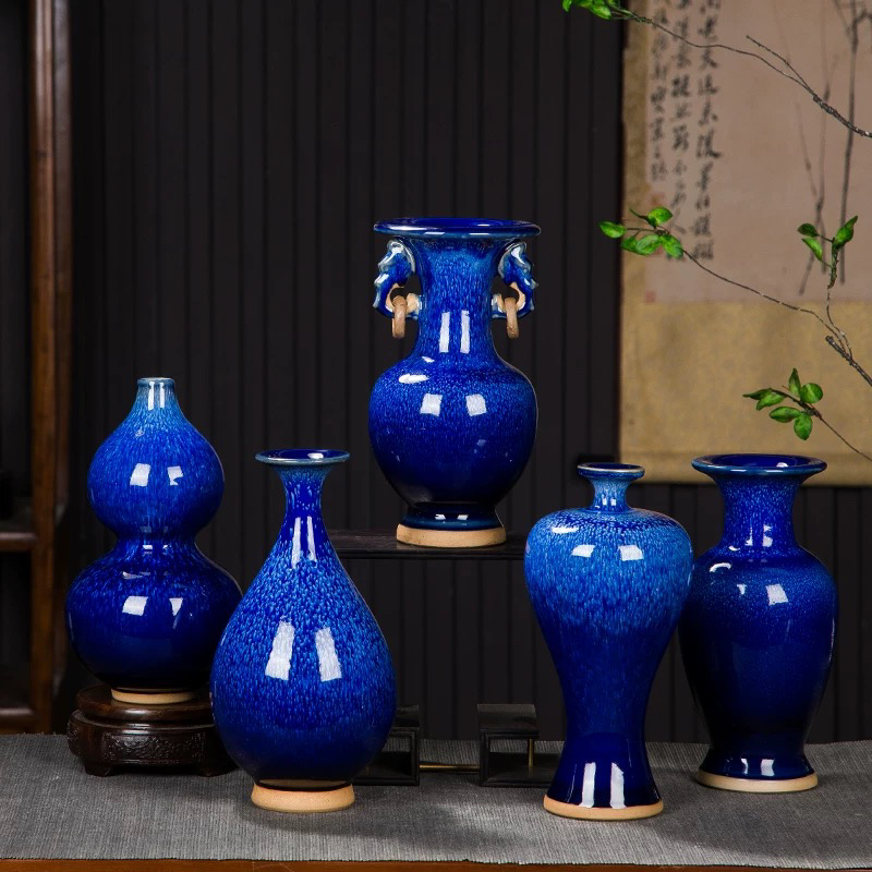 窑变瓷星空蓝插花小花瓶家居客厅电视柜葫芦瓶摆件中式陶瓷工艺品