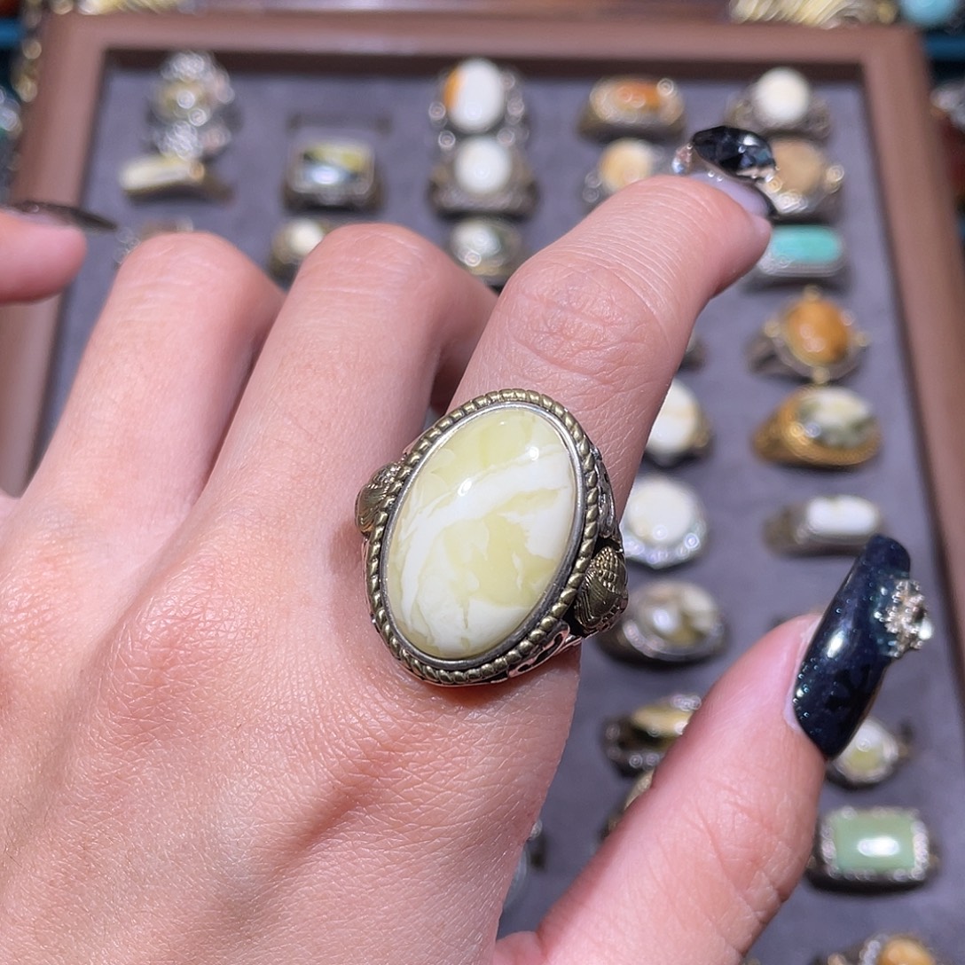 琥珀银S925镶嵌戒指