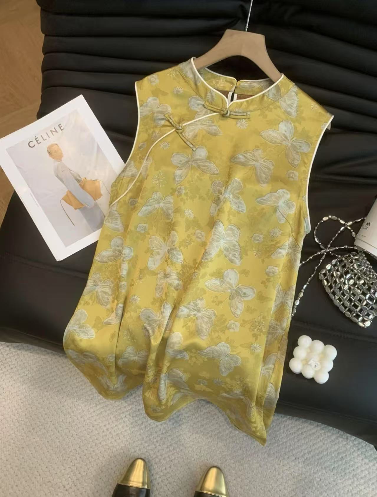 气质新中式复古时尚宽松提花2025夏季新款水洗无袖印花百搭上衣