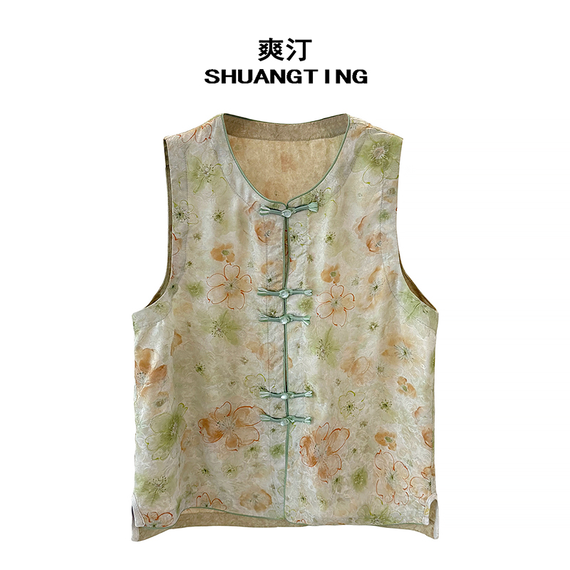 Jokara/丘可儿【‌亭亭】新中式印花马甲盘扣田园气质宽松薄款马夹