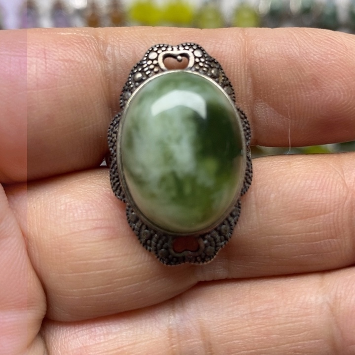 蛇纹石玉戒指银S925镶嵌