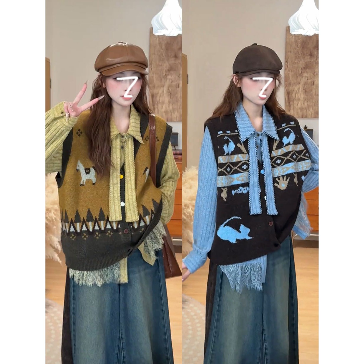 复古学院风卡通刺绣V领针织马甲叠穿蕾丝衫女秋冬显瘦减龄两件套