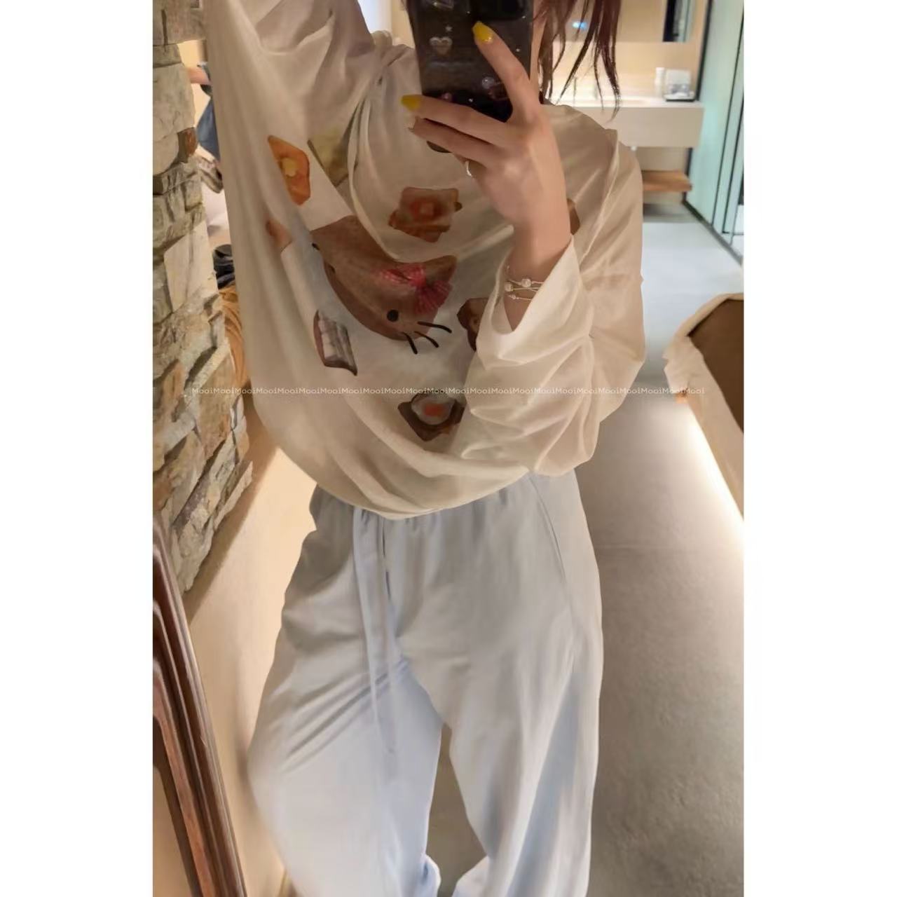 【mooi】'面包kt'【运补6】夏季新款韩版ins风小众设计感透视长袖T恤