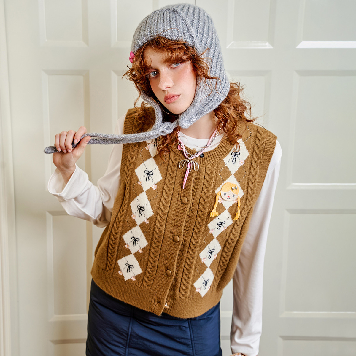 【云C专属】美式复古撞色菱格提花工艺针织上衣女式马夹CLCK0041