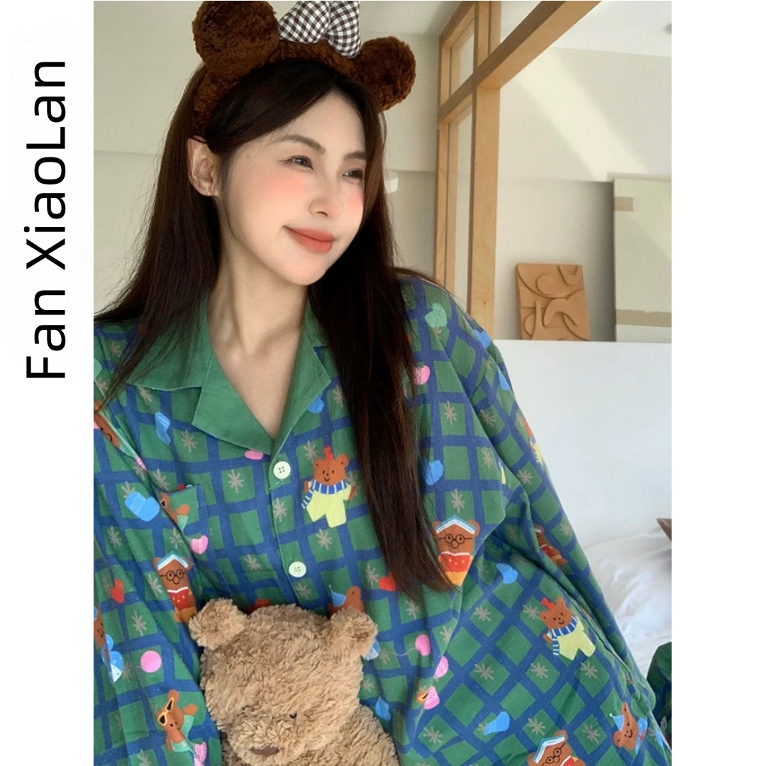 欧若精灵风可爱卡通绿色格子小熊睡衣女春秋长袖时尚家居服可外穿