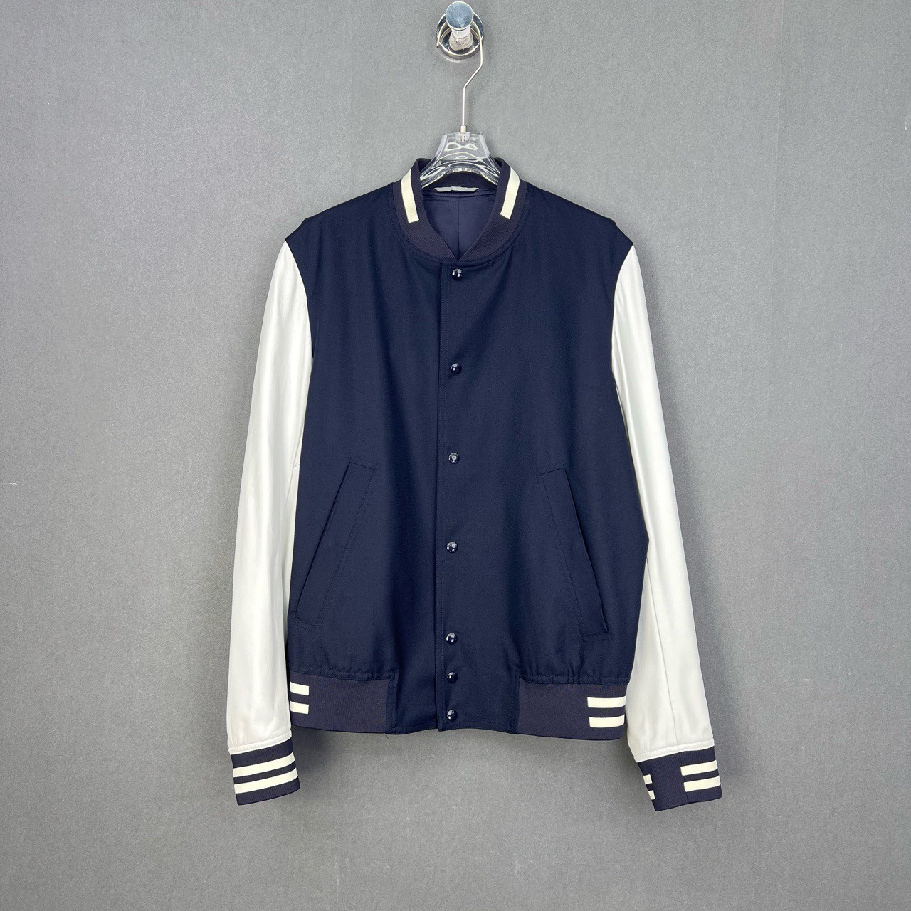 99新 DIOR/迪奥 48码/深蓝色圆领百搭男装拼皮夹克/13238775
