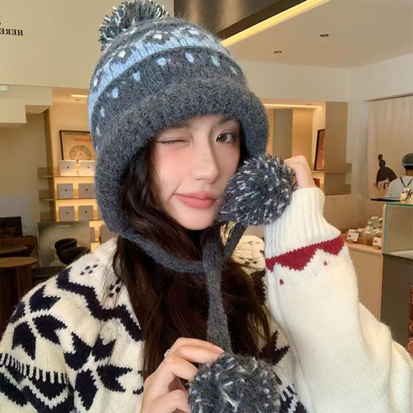 大头围针织毛线帽子女秋冬复古费尔岛风显脸小保暖护耳防寒雷锋帽