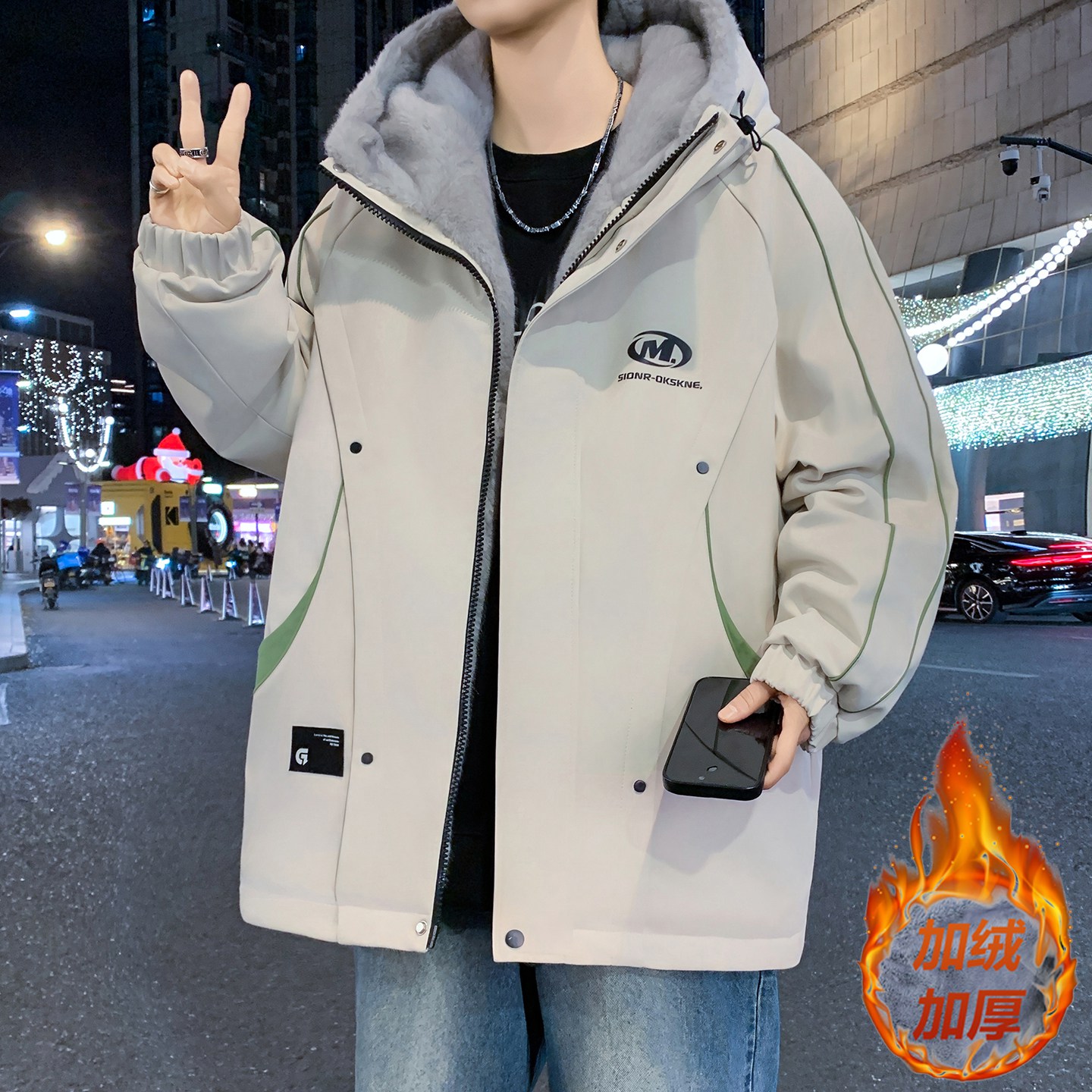 冬季重磅新款2025青少年加绒加厚连帽夹克港风撞色防寒男生外套