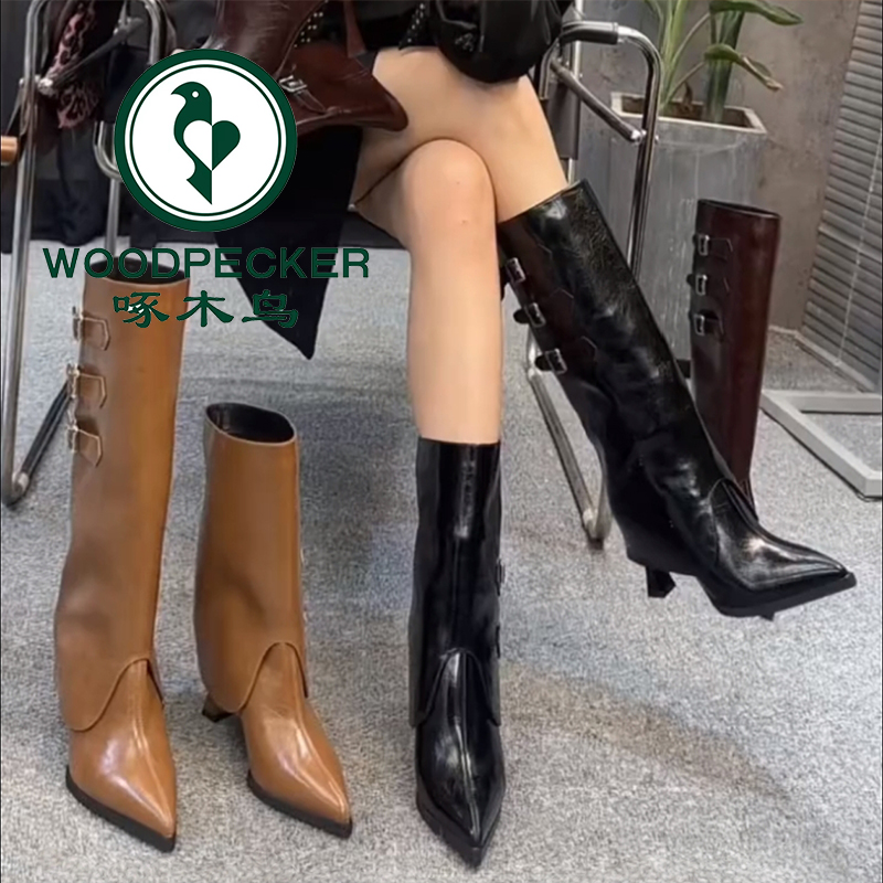啄木鸟靴子一鞋三穿长筒靴高跟2025秋冬新款裤管靴尖头细跟高筒靴