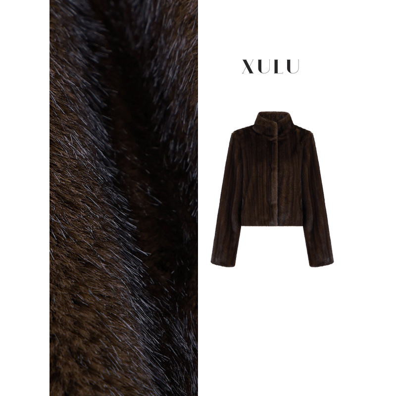 XULU原创新款栗棕竖条环保毛高级感气质百搭修身立领长袖短外套