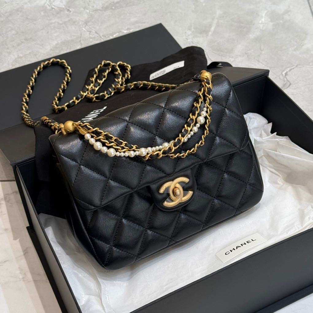 全新未使用 Chanel/香奈儿 黑金方胖子 珍珠链条单肩包 芯