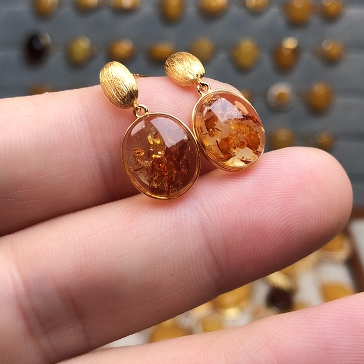 蜜蜡银S925镀金镶嵌耳饰