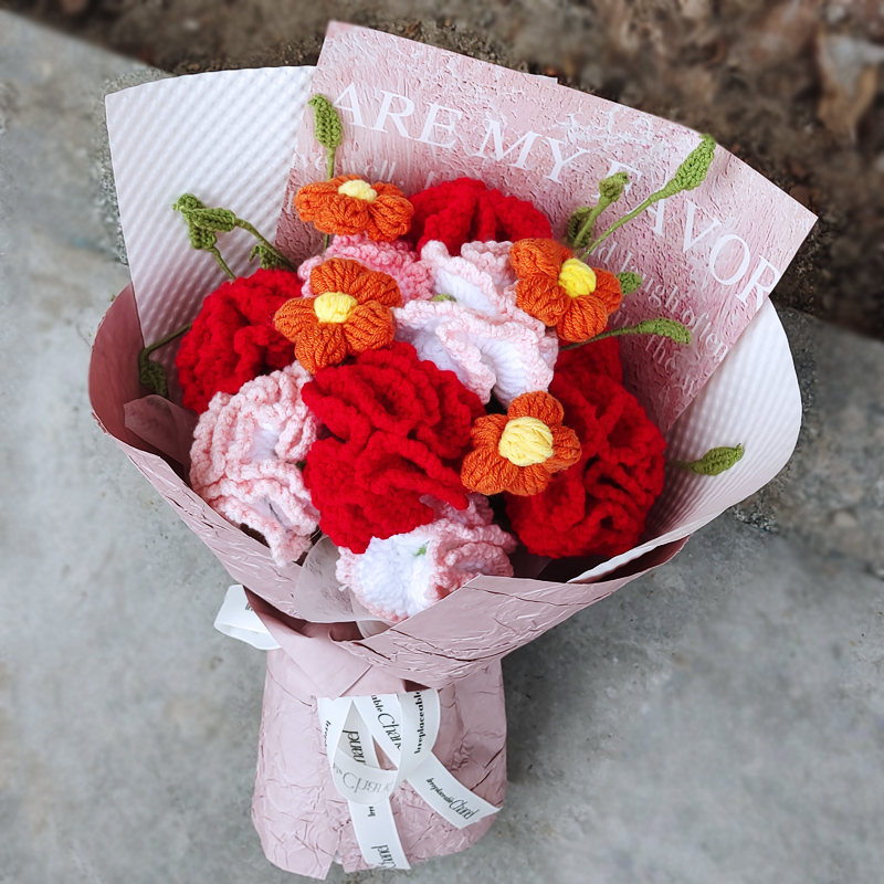 成品康乃馨手工编织花束母亲节针织毛线永生仿真花送妈妈生日礼物