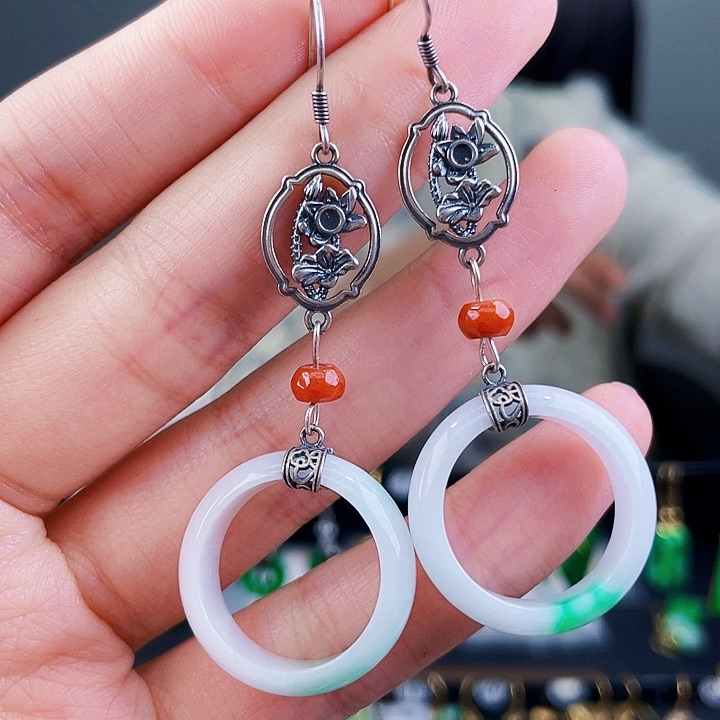 翡翠耳饰银S925镶嵌饰品