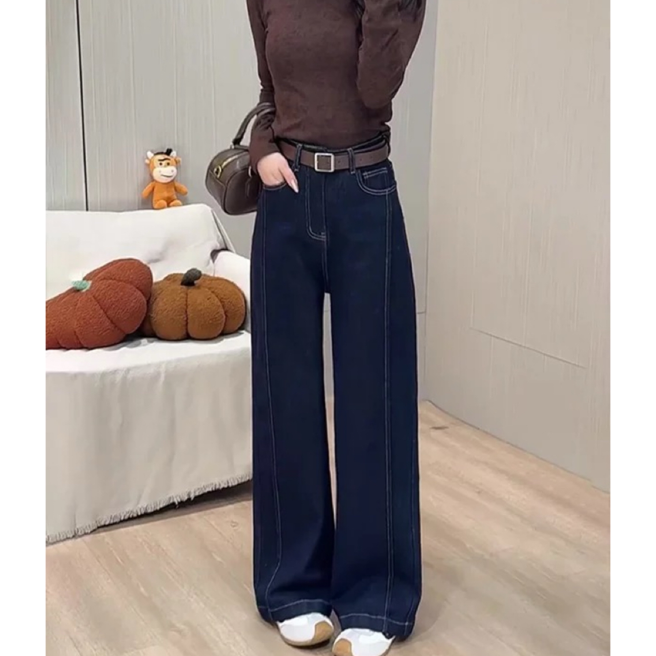 深圳南油加绒加厚丹宁蓝线条感休闲阔腿直筒牛仔裤NZ04