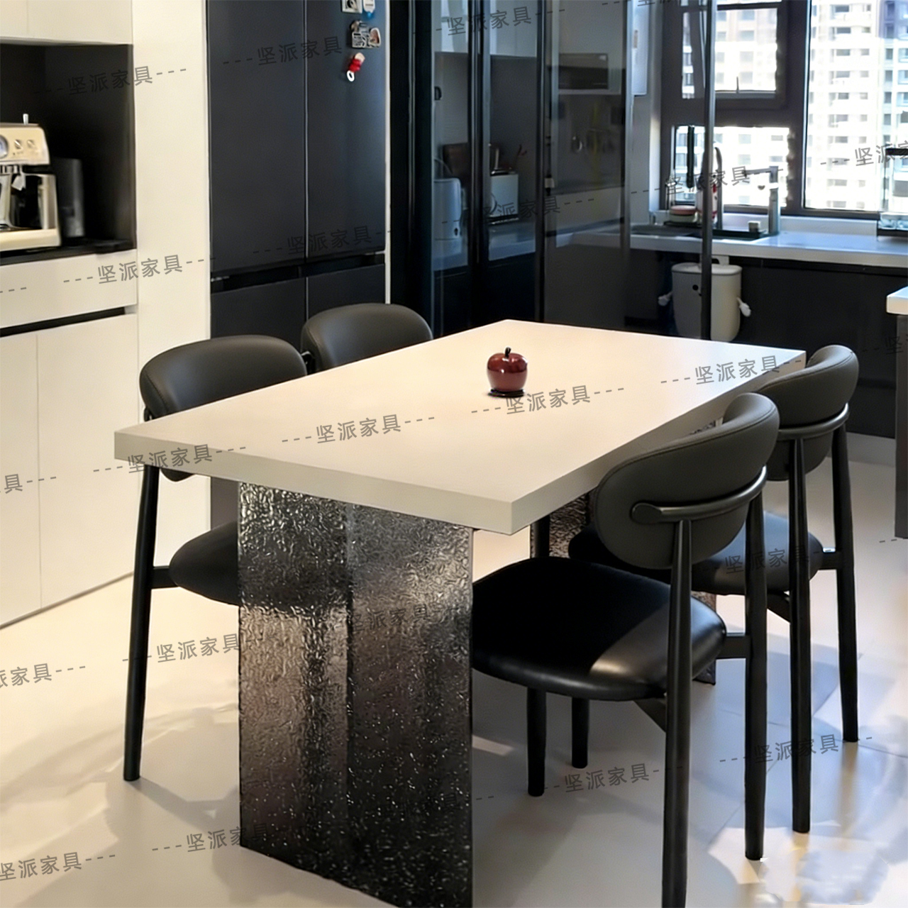 长方形岩板餐桌餐小户型现代轻奢极简石头纹渐变黑色亚克力餐桌椅