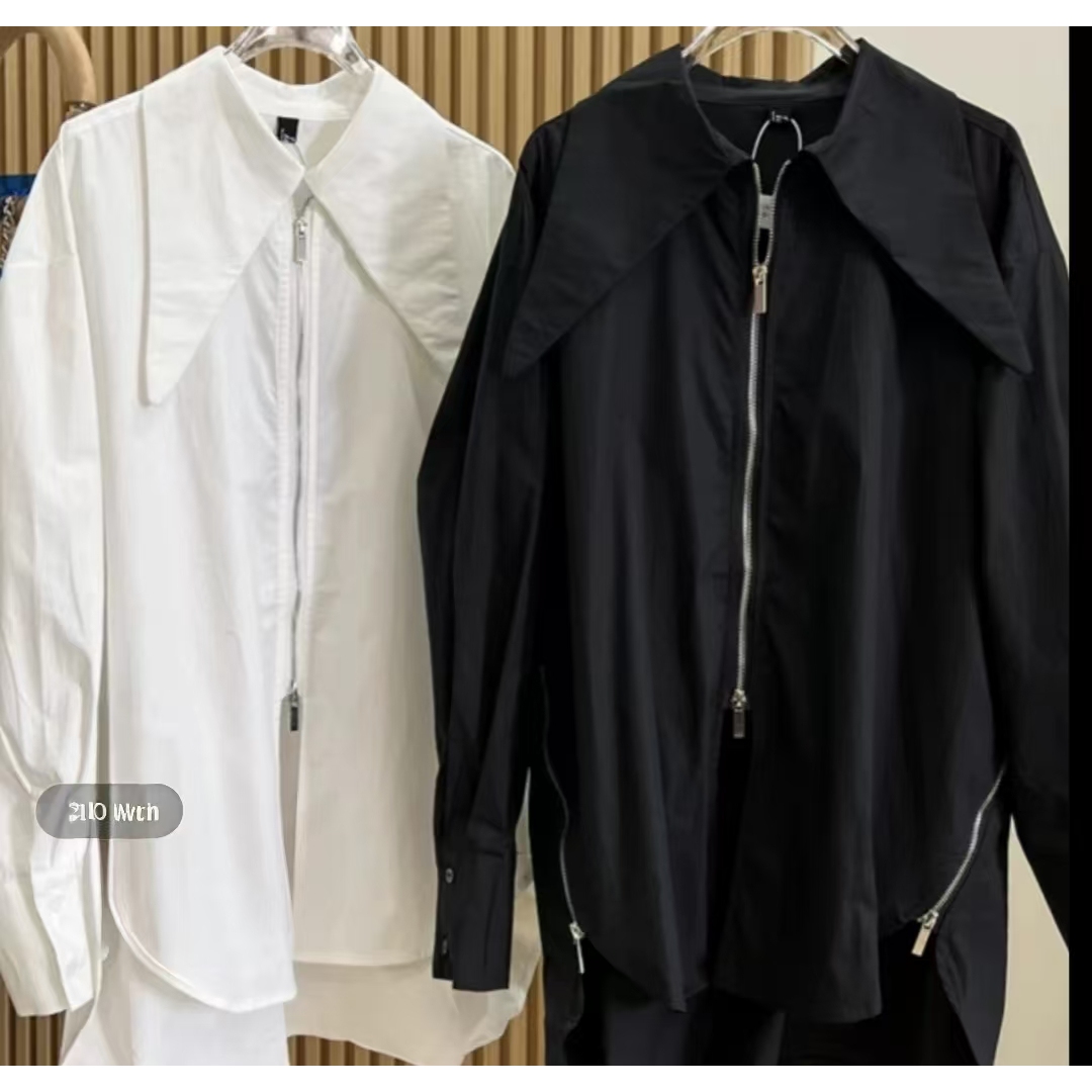 (王美丽)早春大码大尖领重工拉链设计感廓形中长款衬衣巨显瘦9910