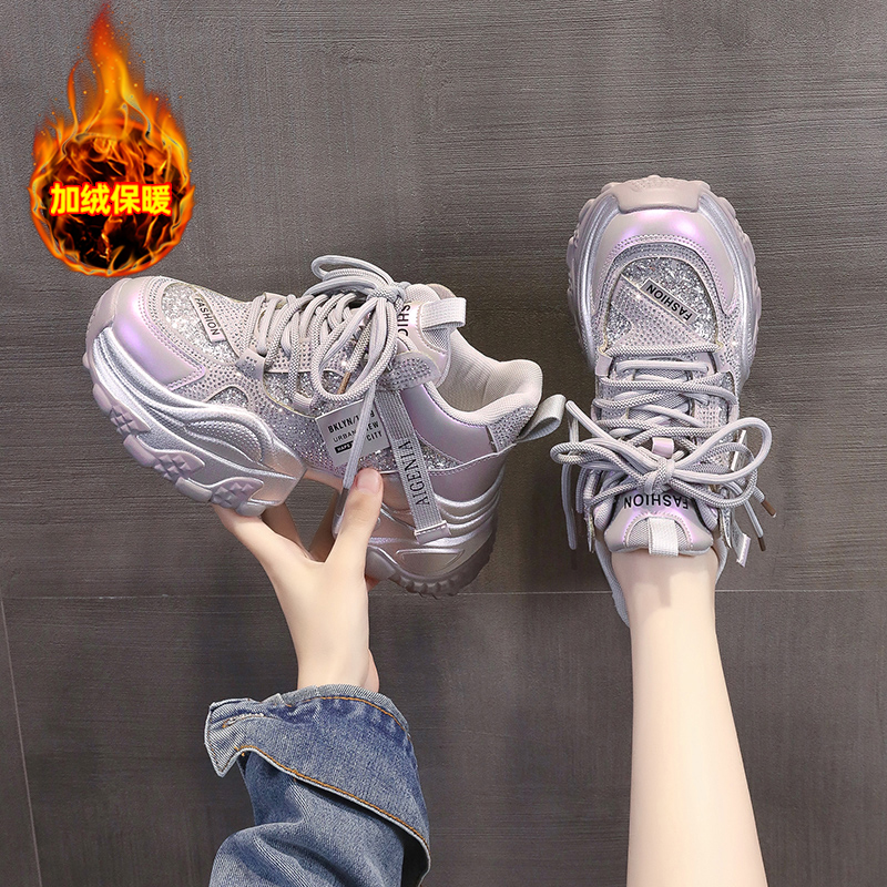 【2-高帮】网红亮片高帮鞋女2025新款爆款老爹鞋厚底百搭休闲运动鞋