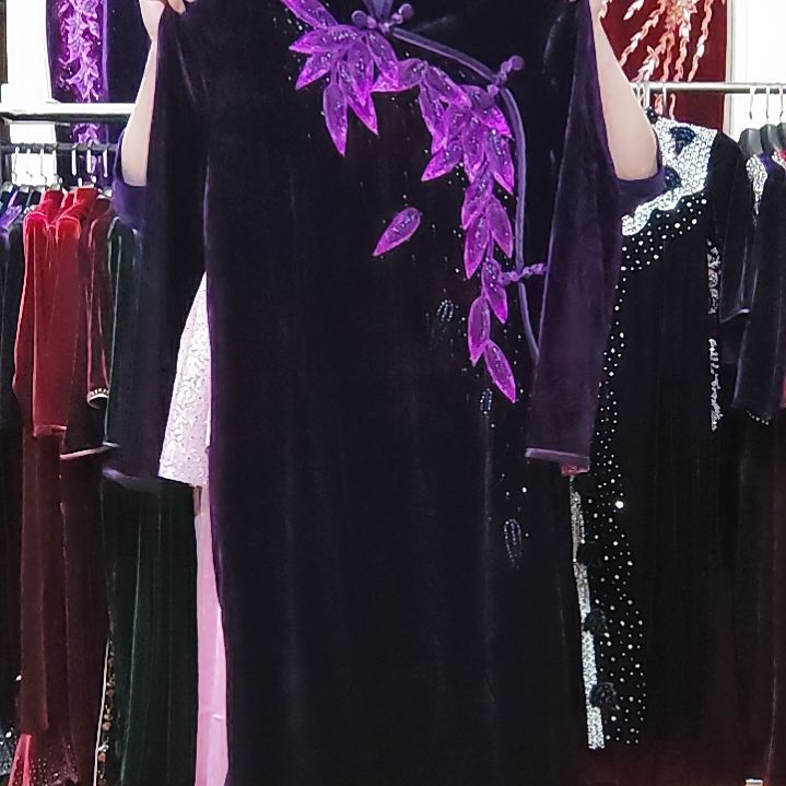 紫色金丝绒贴花短款旗袍4XL130-140内胸110腰96