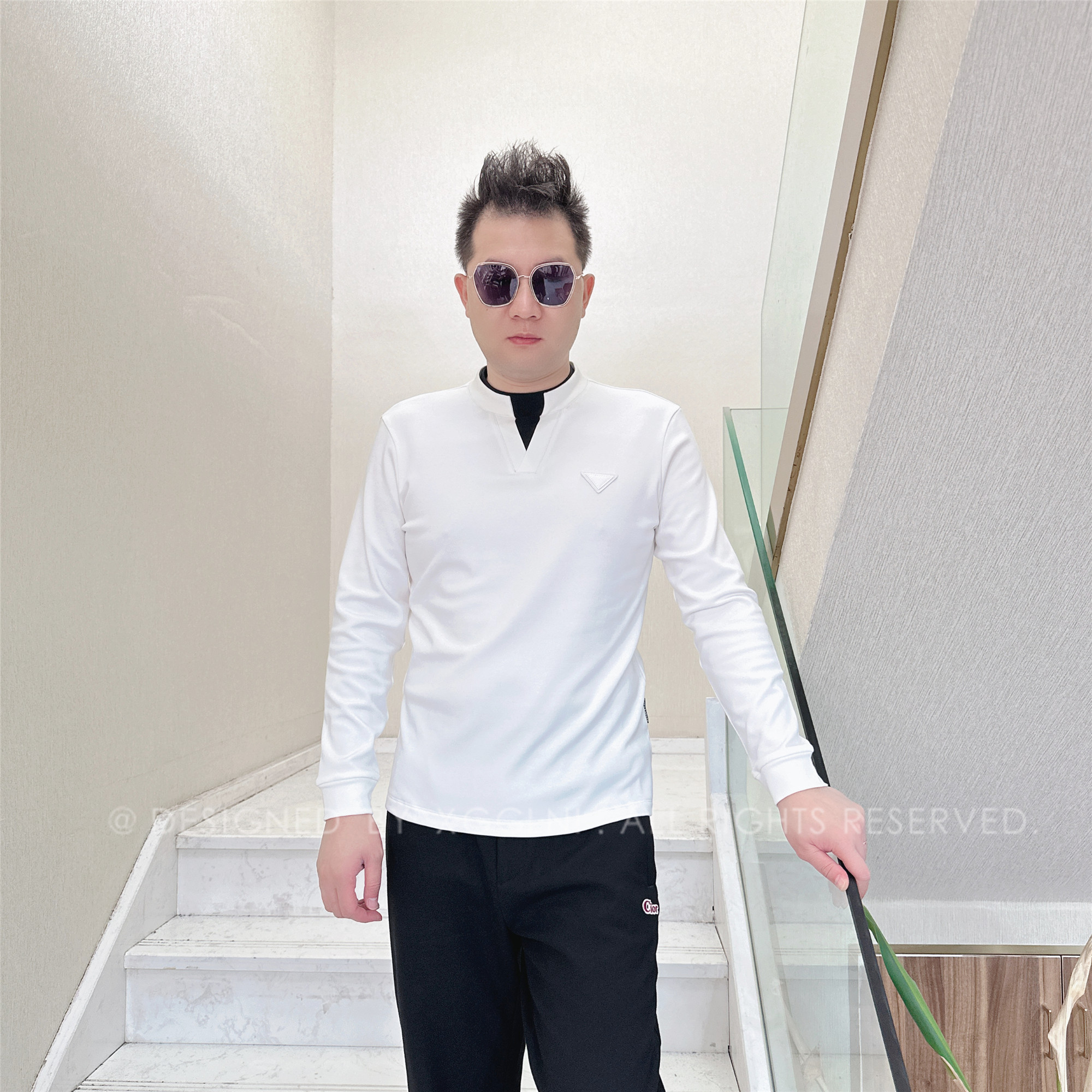 秋冬款ZZD双层领口V型领男士品质高端轻奢洋气长袖t恤潮牌男装