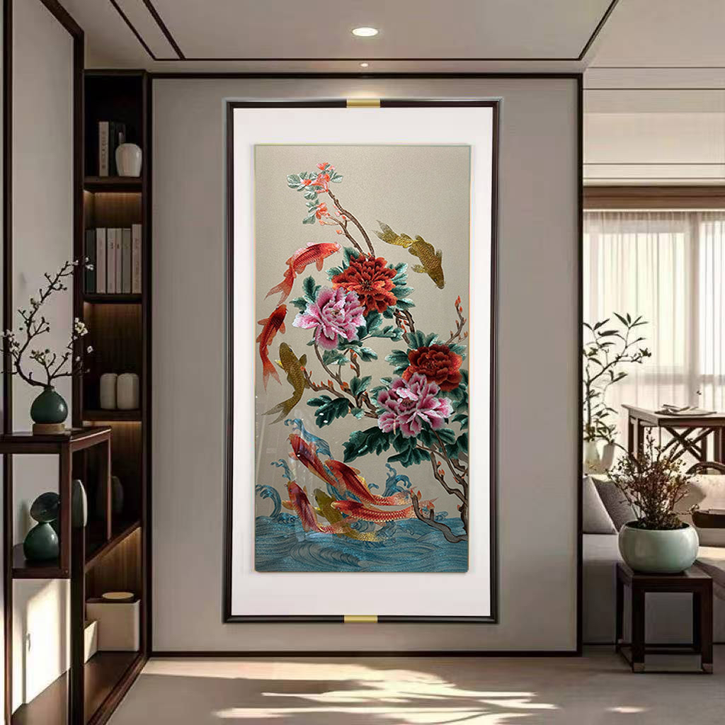 新中式苏州刺绣九鱼牡丹图高端双框刺绣客厅玄关背景装饰画高端款