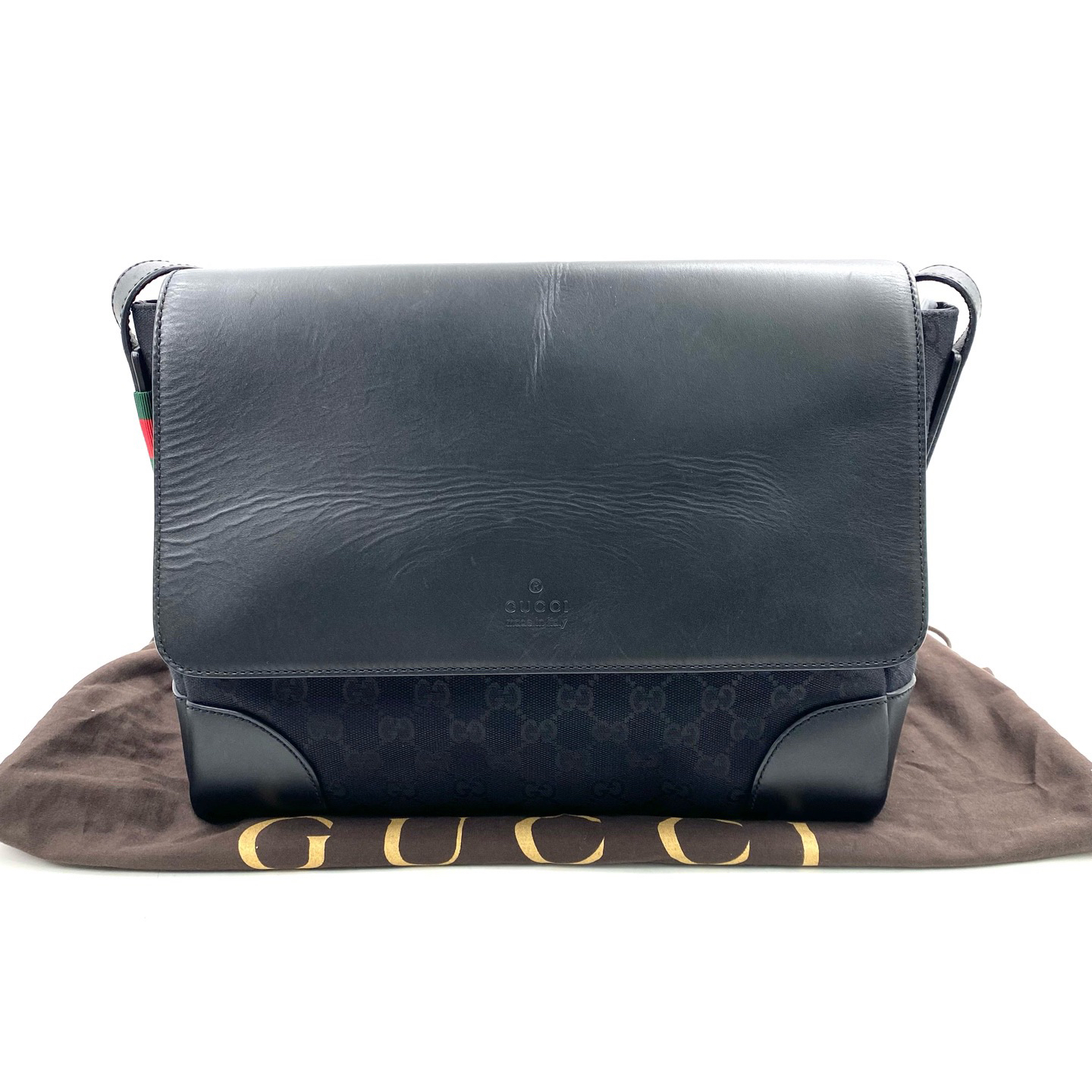 95新 GUCCI/古驰 黑色帆布拼皮斜挎包 尺寸30/23 男款