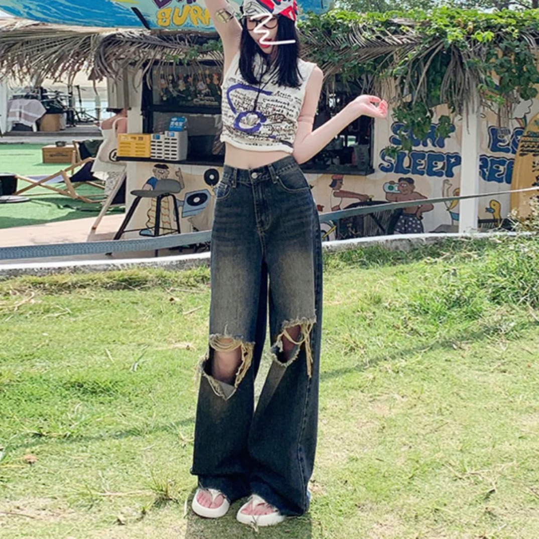 219#高腰美式复古破洞阔腿牛仔裤8816#