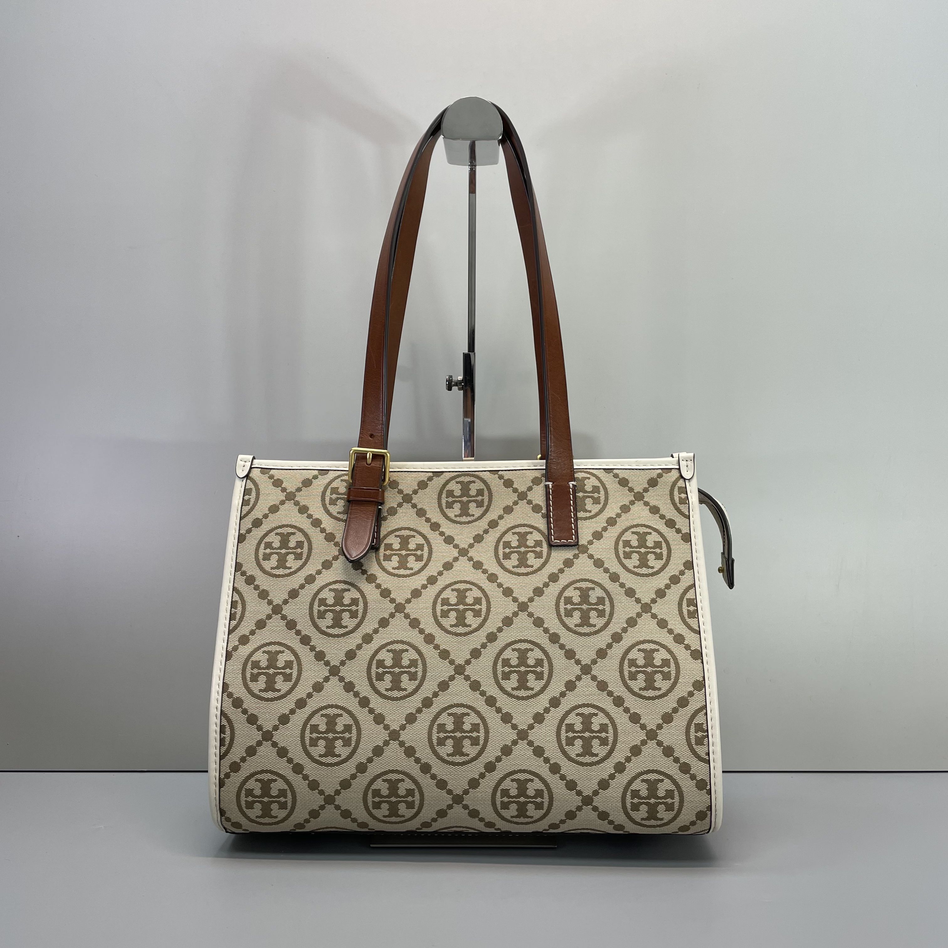 95新 TORY BURCH/汤丽柏琦 小林米色织物托特包32*24*12cmB022205