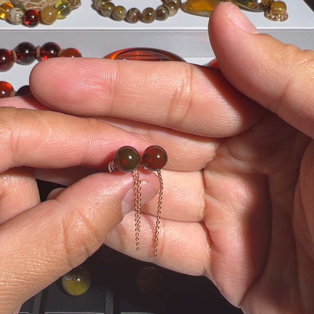 琥珀耳饰18K金镶嵌缅甸琥珀红茶变色龙