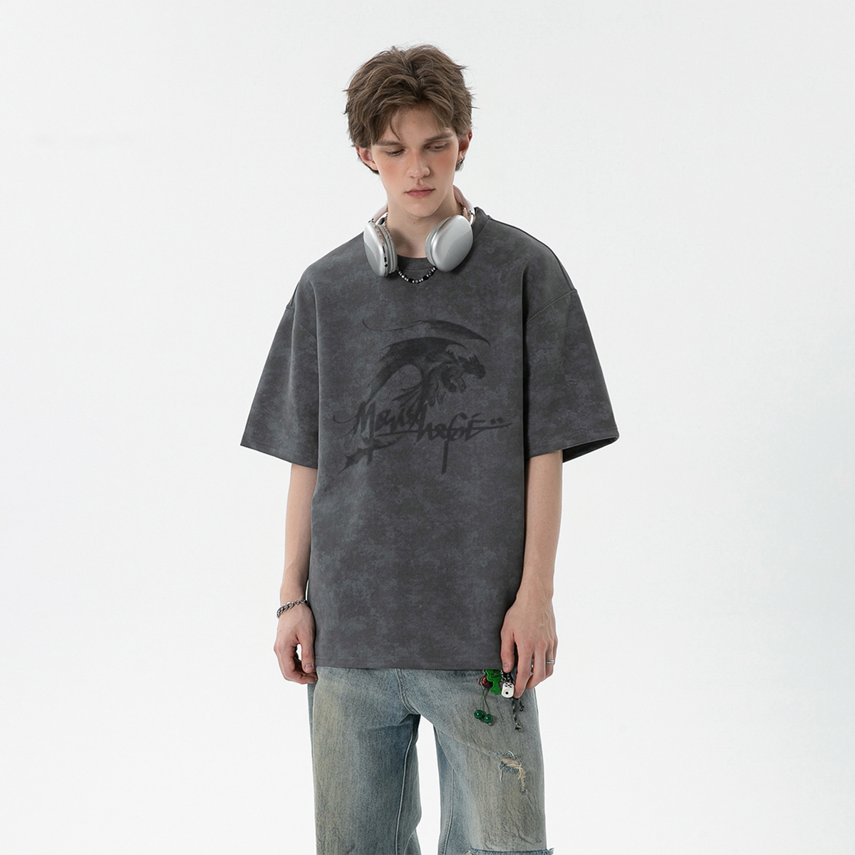 MONOLOGE夏季液态凉感短袖T恤男潮牌无牙仔宽松半袖ins学院风上衣