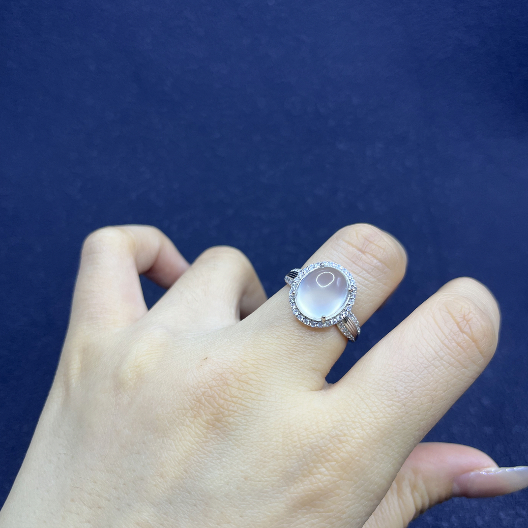 天然岫玉宽戒圈简约大气925银镶嵌活口可调节