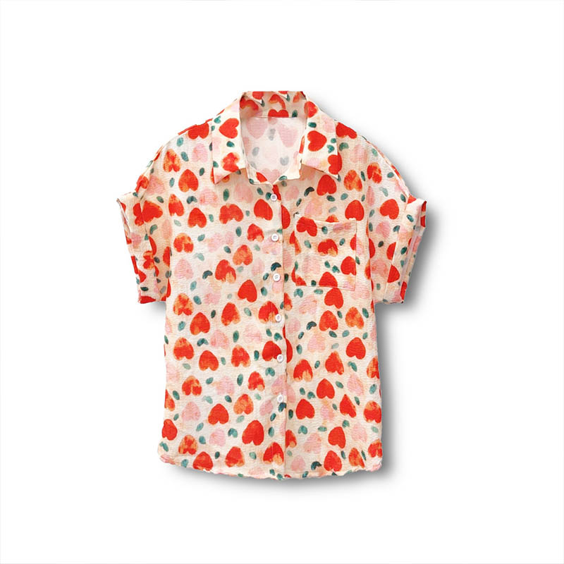 （女装）6028 百搭夏季翻领甜美印花爱心短袖衬衣衬衫